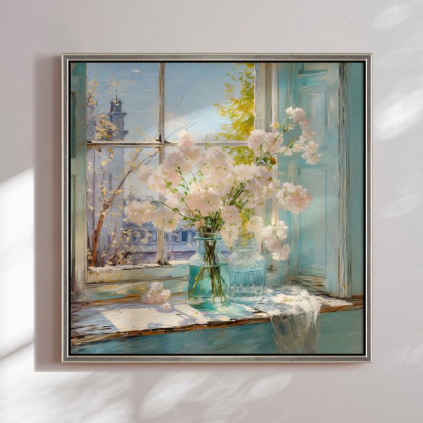 Hndlavet maleri med ramme - Flowers in the Window II - Mixed media