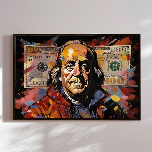 Hndlavet maleri med sort ramme - Dollar Man - Mixed media