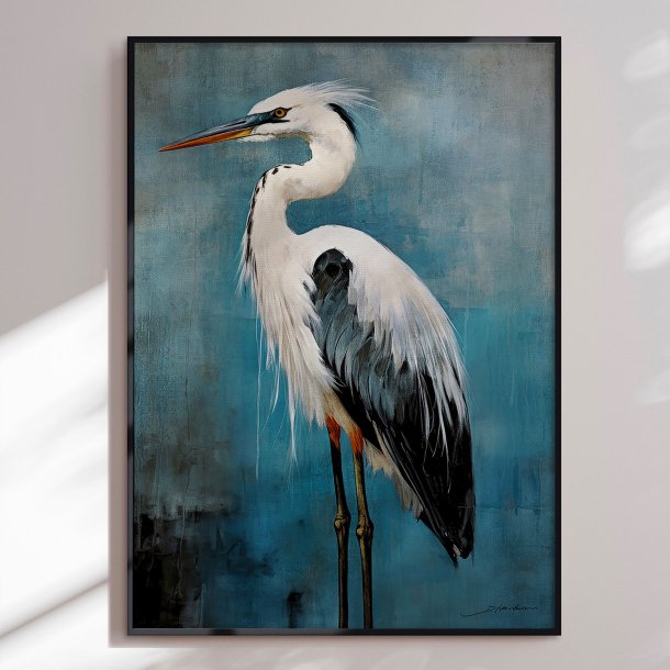 Hndlavet maleri med sort ramme - Heron - Mixed media