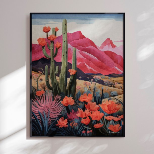 Hndlavet maleri med sort ramme - Landscape Cactus I - Mixed media