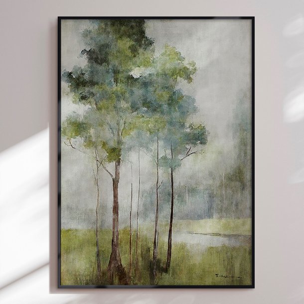 Hndlavet maleri med sort ramme - Green Forest I - Mixed media