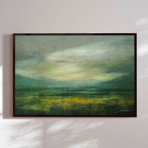 Hndlavet maleri med sort ramme - Green Landscape - Mixed media