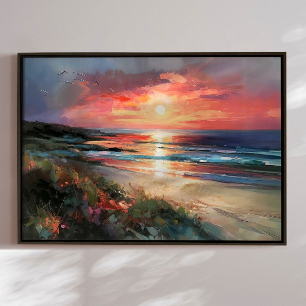 H�ndlavet maleri med sort ramme - Colorful Sunset - Mixed media