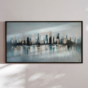 H�ndlavet maleri med sort ramme - Misty Skyline - Mixed media