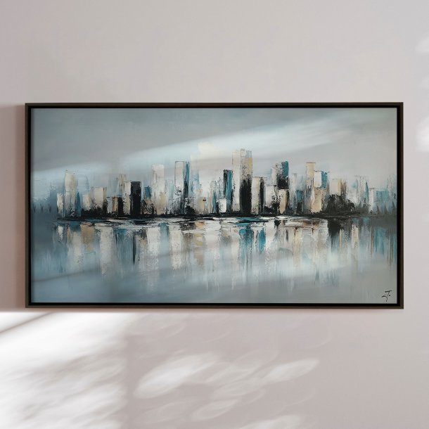 H�ndlavet maleri med sort ramme - Misty Skyline - Mixed media
