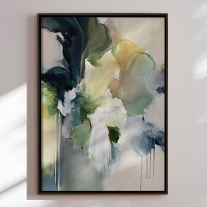 H�ndlavet maleri med ramme - Green Yellow Abstract Bloom - Stephanie Jeuffroy - Mixed media