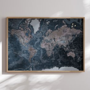 Verdenskort i egetrsramme - Modern Blue - Opslagstavle