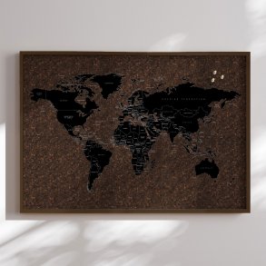 Verdenskort p kork med rget egetrsramme - Dark - Opslagstavle