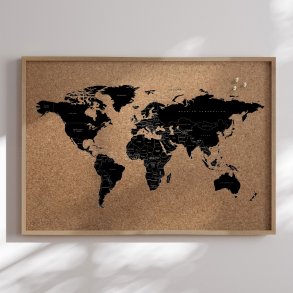 Verdenskort p kork med egetrsramme - Light - Opslagstavle